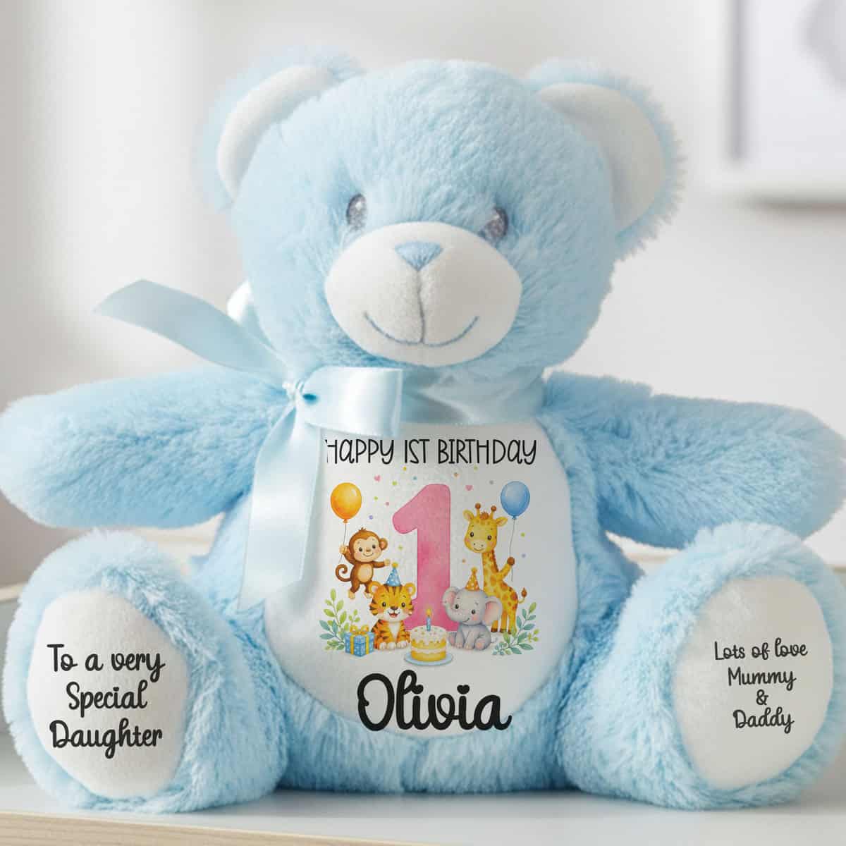 Personalised Jungle Birthday Blue Teddy Bear with Name - Image 3