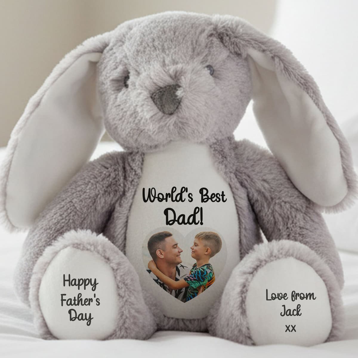 Personalised Photo Heart Grey Bunny Teddy Bear for Dad - Image 3