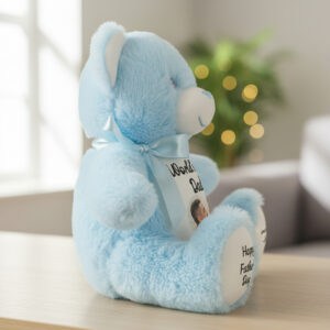 Soft blue personalised teddy bear with a photo and message for special occasions.