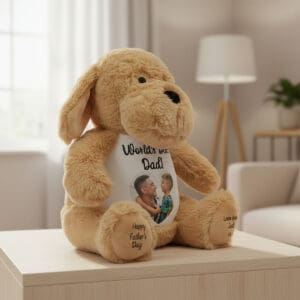 Cute personalised teddy bear with photo and messages for Father's Day.