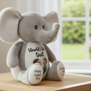 Soft grey elephant teddy bear with personalised message for Fathers Day.