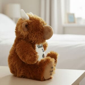 Cute personalised teddy bear with horns and a personalised message.