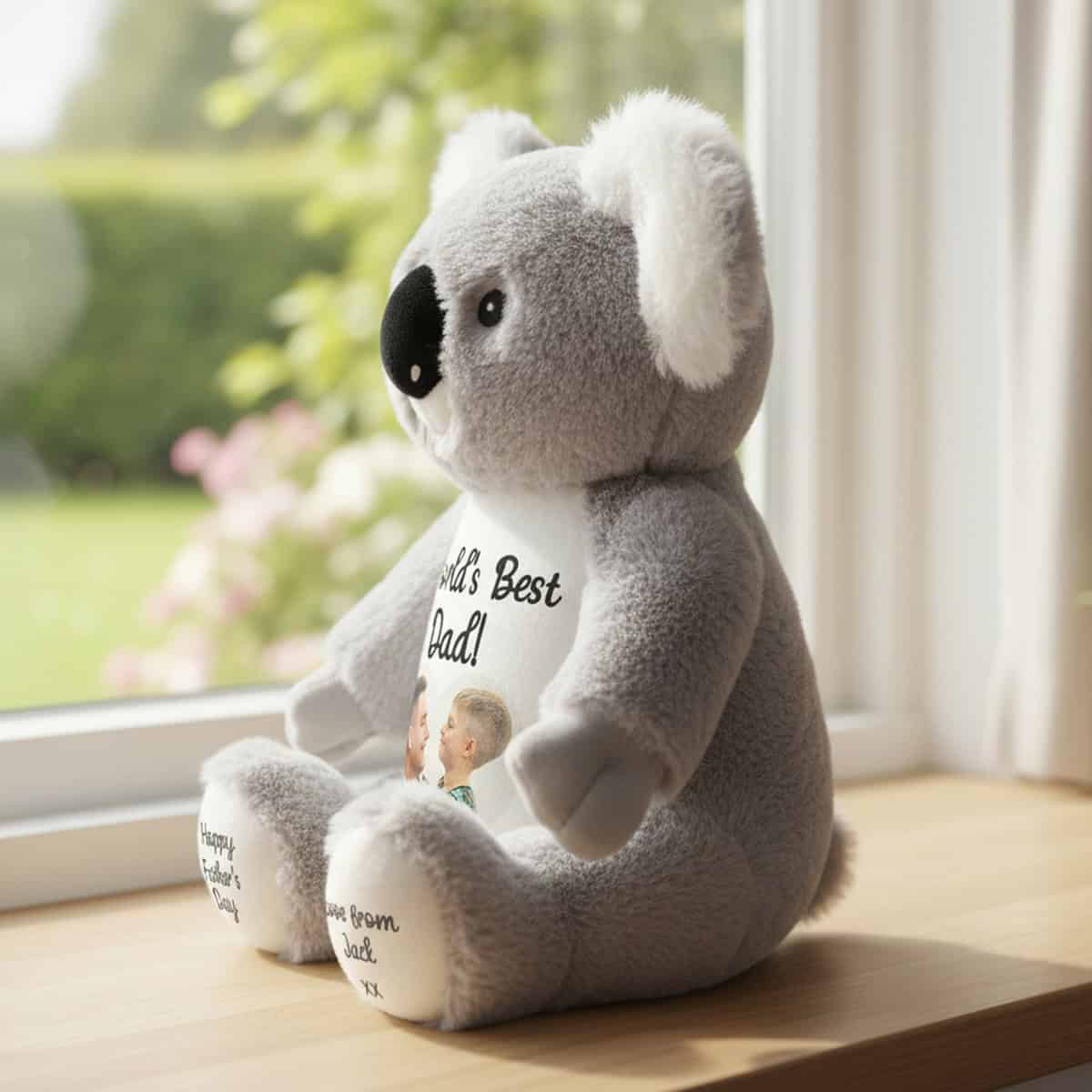 Soft grey personalised teddy bear with custom message for loved ones.