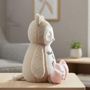 Cute personalised teddy bear with a pink heart, perfect for gifts and keepsakes.