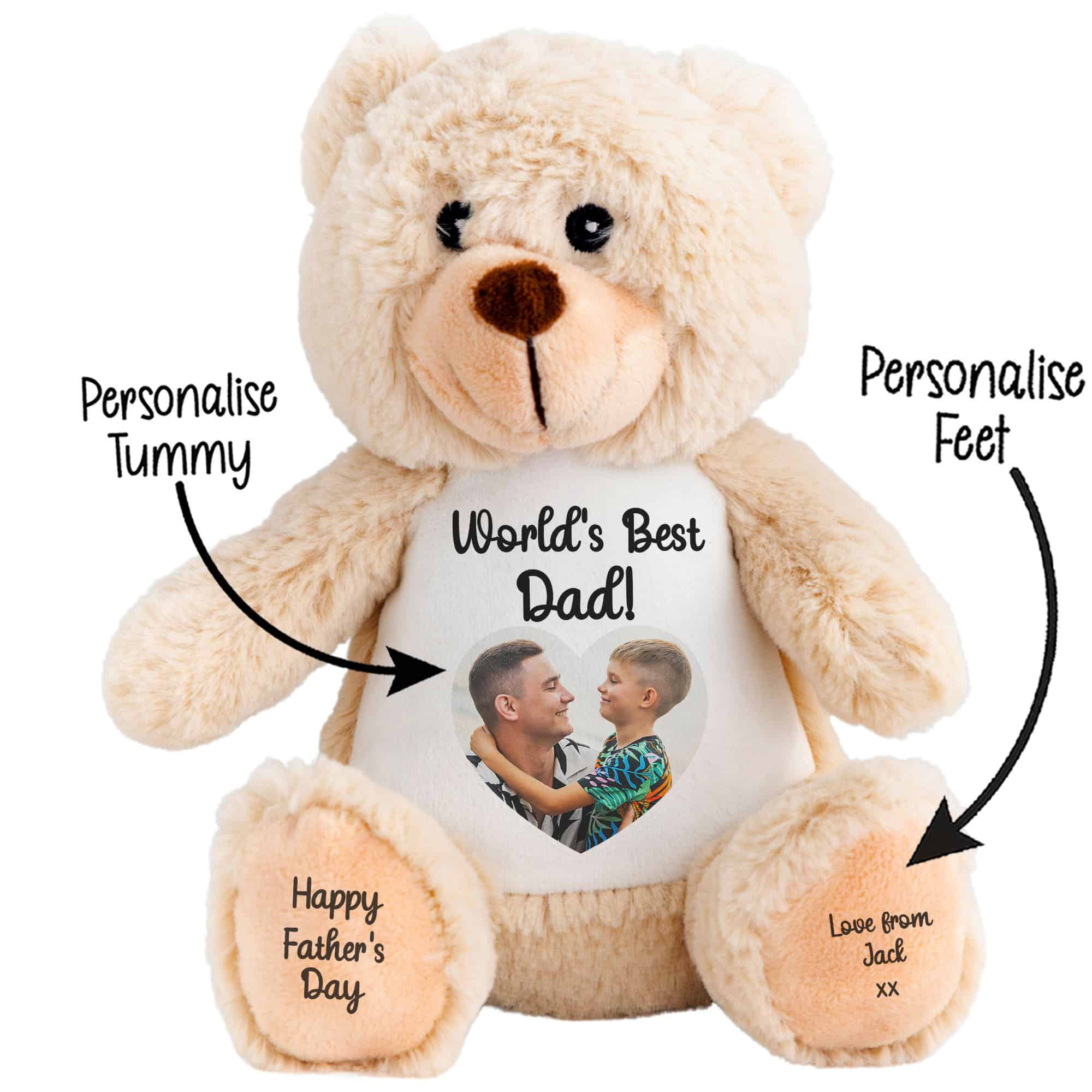 Custom teddy bear with photo and message for Fathers Day gift.