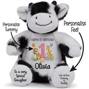 Alternative view of Personalised Jungle Birthday Cow Teddy Bear with Name