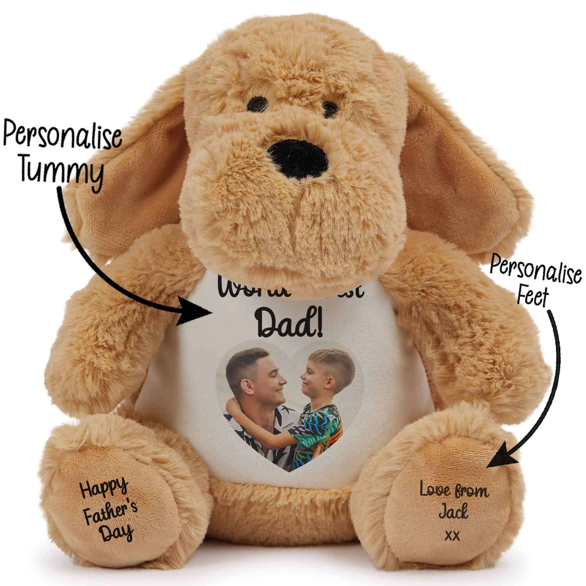 Custom teddy bear with personalised tummy and feet for Father's Day gift.