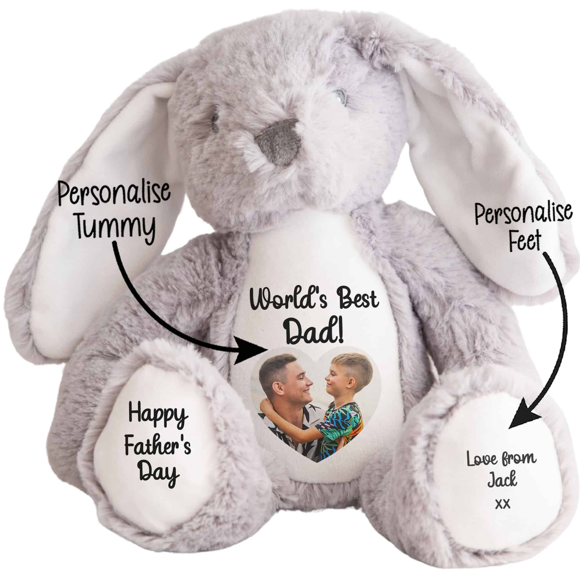 Custom teddy bear with personalised tummy, feet, and message for Fathers Day.