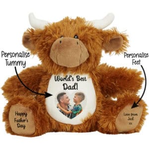 Custom teddy bear with personalised tummy and feet for Father's Day.