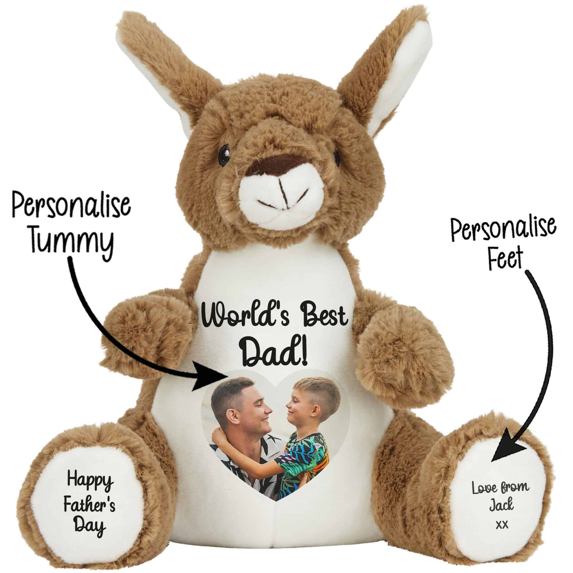 Custom teddy bear with personalised tummy and feet for Fathers Day gift.