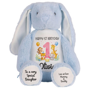 Personalised Jungle Birthday Blue Bunny Teddy Bear