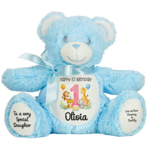 Personalised Jungle Birthday Blue Teddy Bear with Name