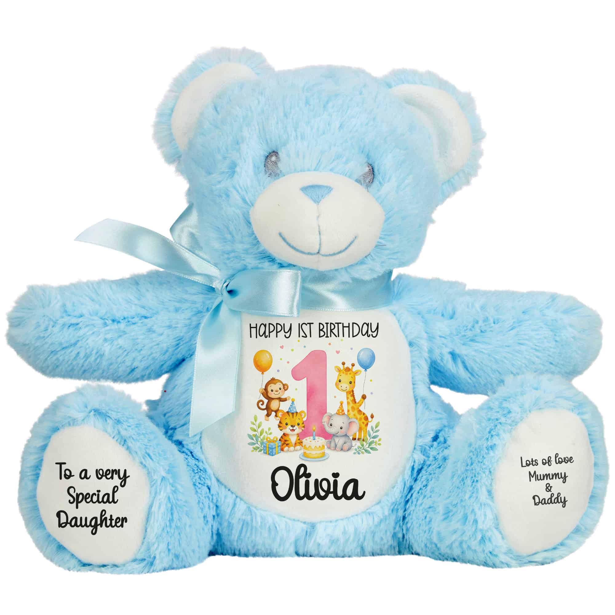 Personalised Jungle Birthday Blue Teddy Bear with Name