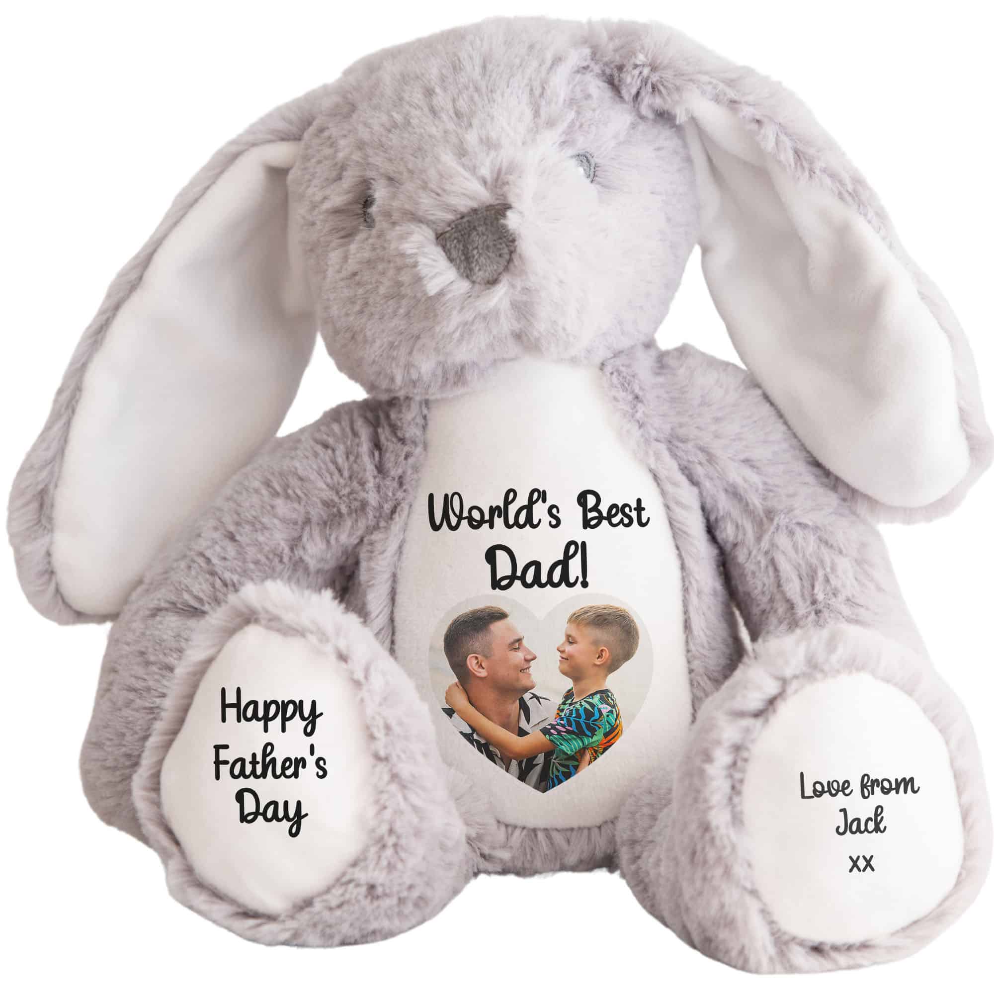 Soft grey teddy bear with personalised messages for Father's Day.