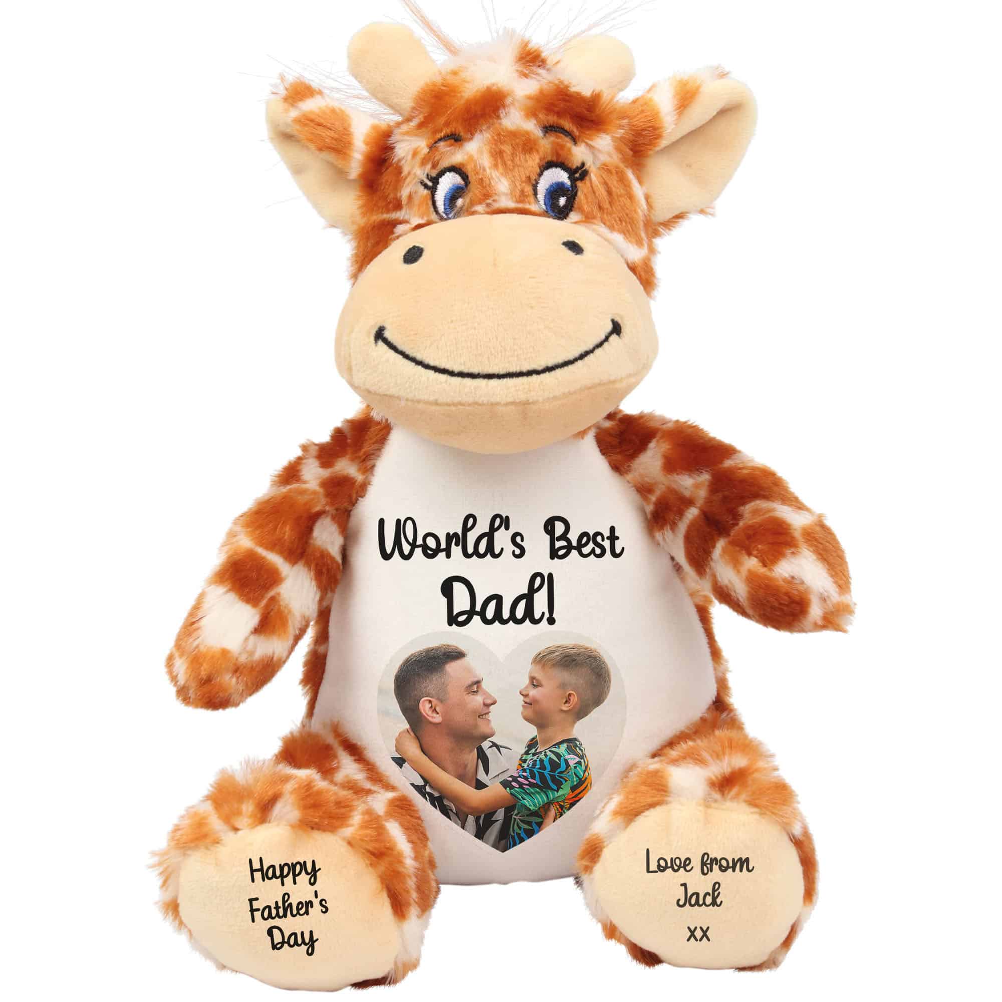 Custom teddy bear with Father's Day message and photo for dad.