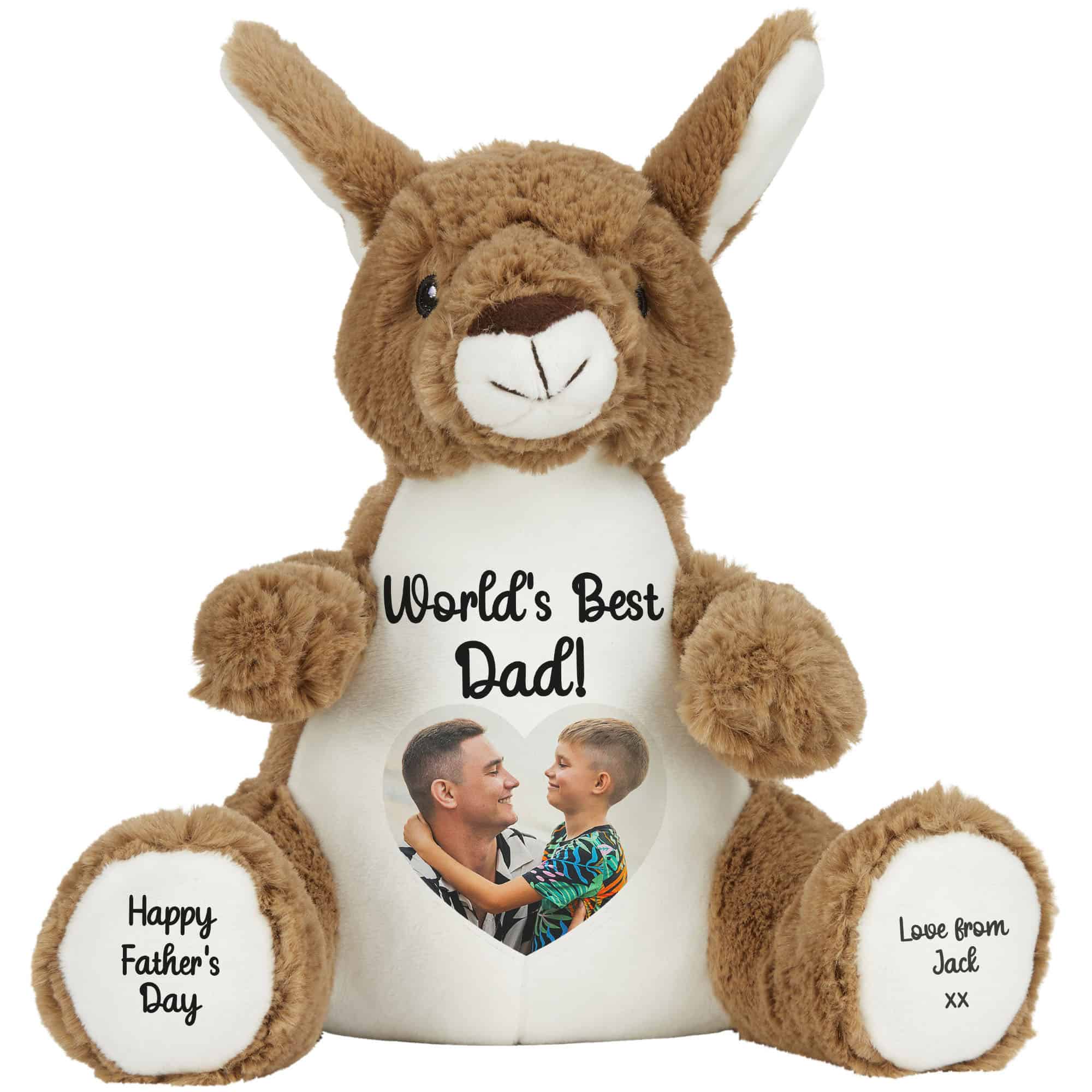 Custom teddy bear with photo and messages for Father's Day.