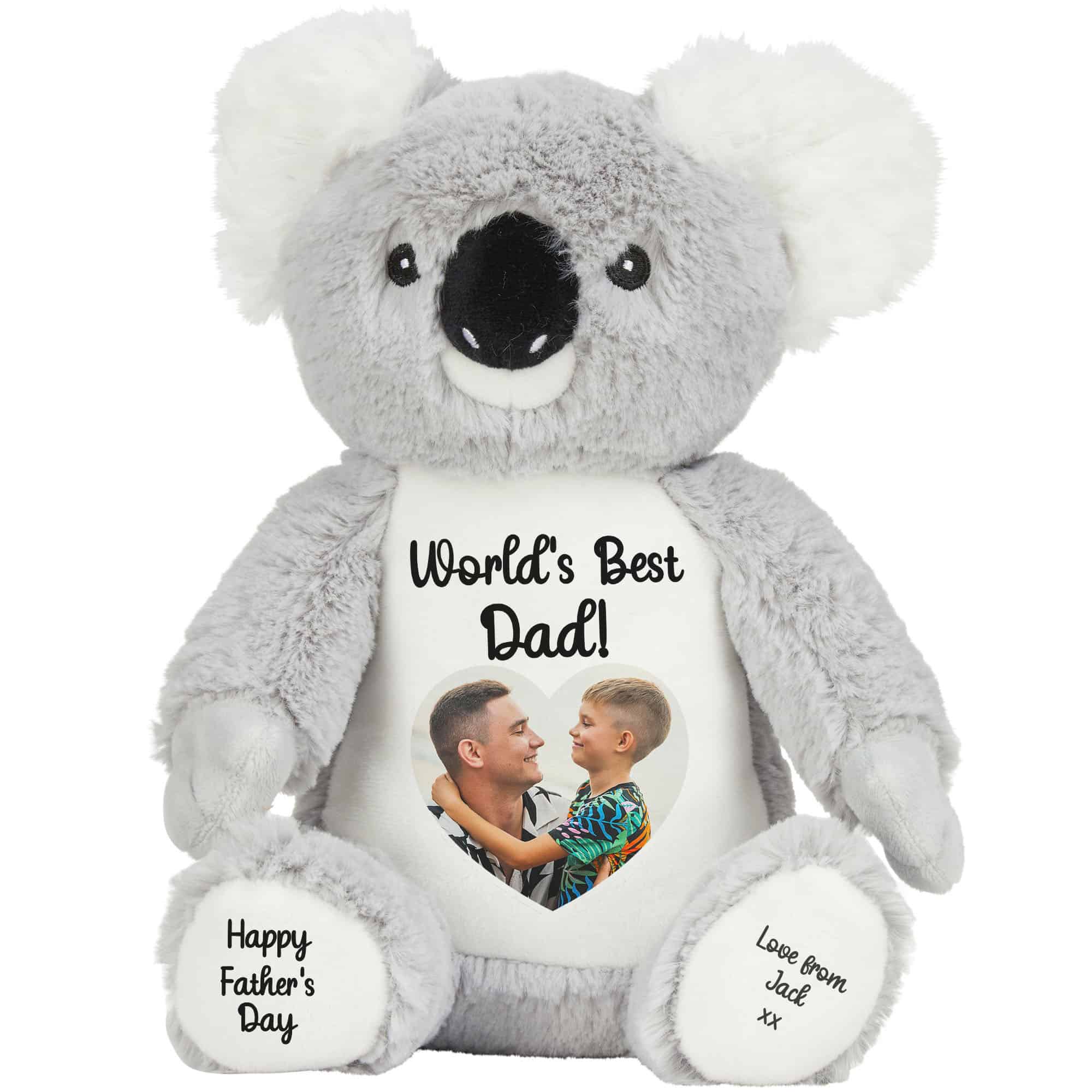 Soft grey teddy bear with personalised message for Father's Day.