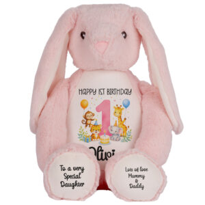 Personalised Jungle Birthday Pink Bunny Teddy Bear