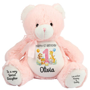 Personalised Jungle Birthday Pink Teddy Bear | 1st Birthday